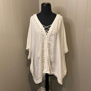 Bindya New York One Size Beach Coverup Poncho Embroidered Pom Pom Drawstring